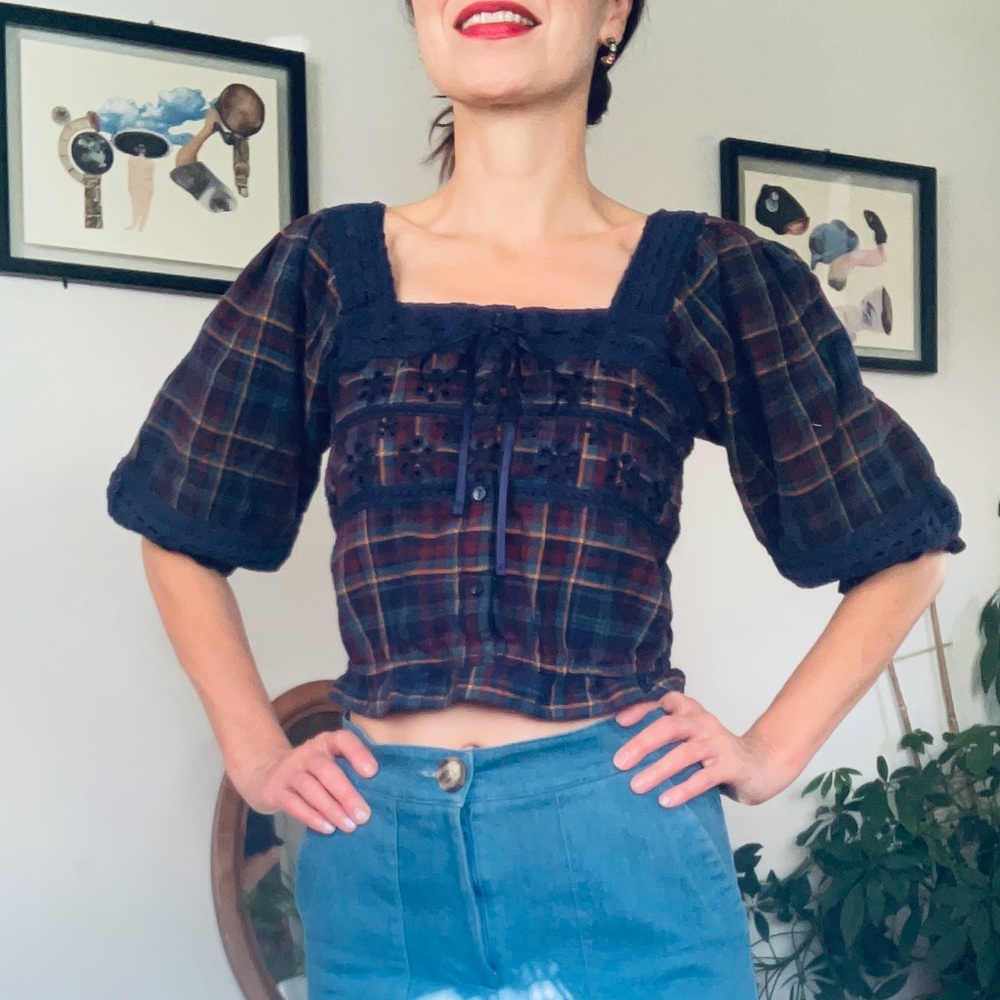 American Eagle Plaid Peasant Blouse – Size S